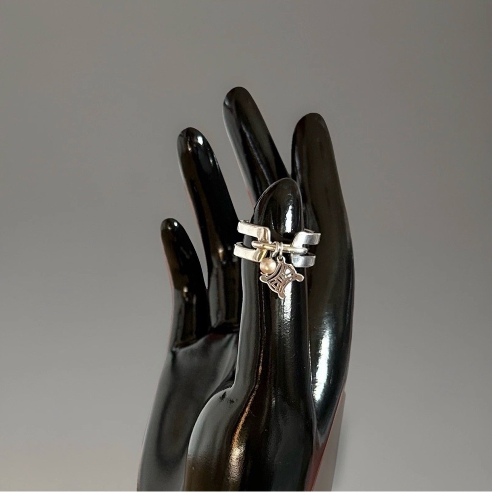 Celine RARE .925 Sterling Silver Double Band Ring w/ Triomphe & Pearl Charms